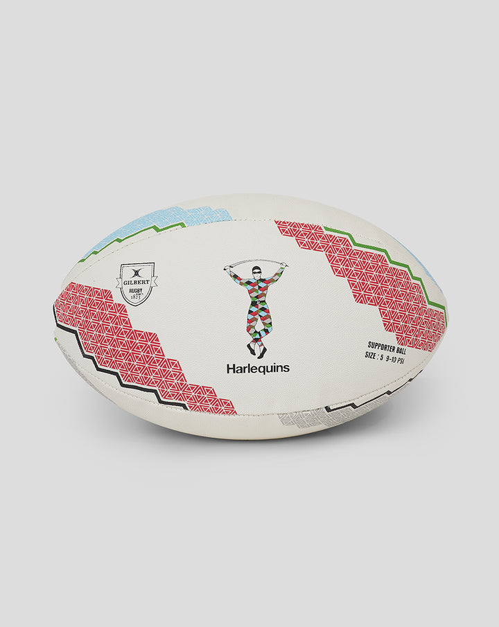 Harlequins supporters rugby ball in white with multicolor harlequin pattern and a crest