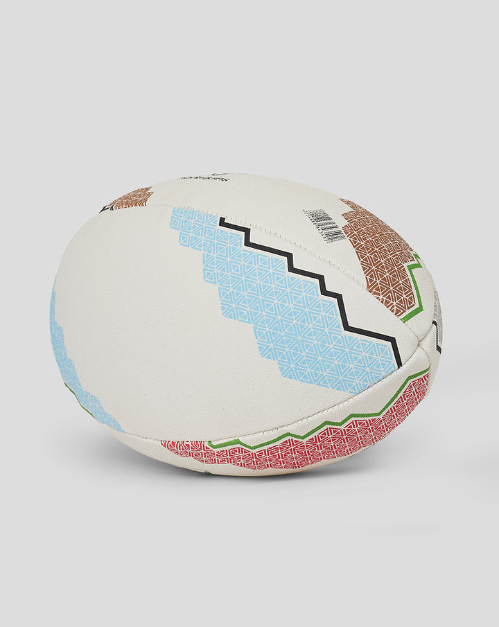 White Harlequins supporters rugby ball with colorful geometric panels and stitched detailing