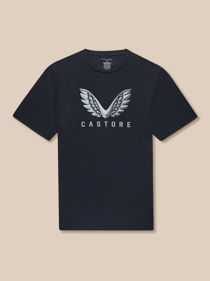 Front view of navy Adapt Short Sleeve Graphic T-Shirt with Castore wings logo on chest