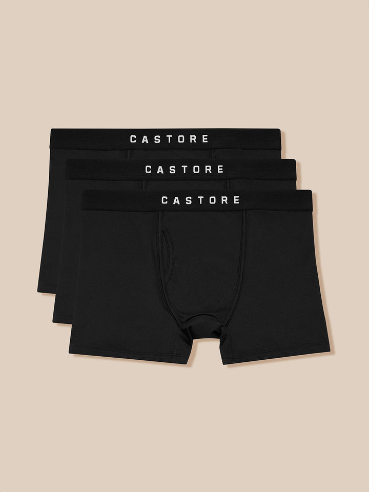 Three black Castore boxer shorts stacked with branded elastic waistbands