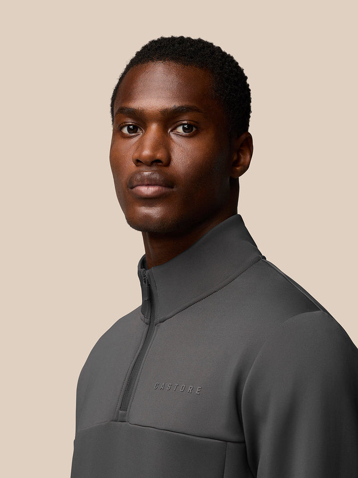 Male model wearing Charcoal Flex Sweatshirt with high collar and zip pockets.