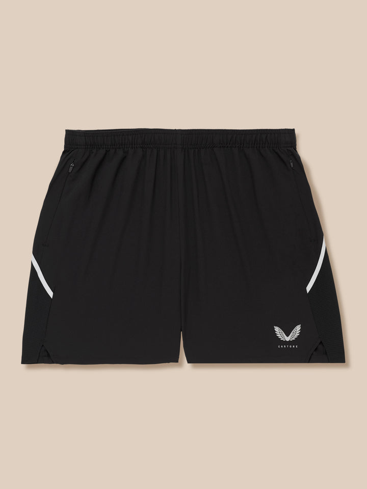 Bottom view of black Apex 6 inch shorts showing Castore wings logo and CASTORE lettering at the hem.