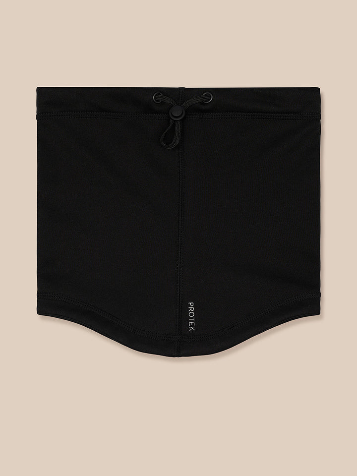 Black snood with Protek branding and drawstring closure for warmth during workouts.