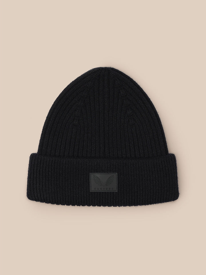 Black ribbed Castore Active Beanie with folded cuff and front logo patch