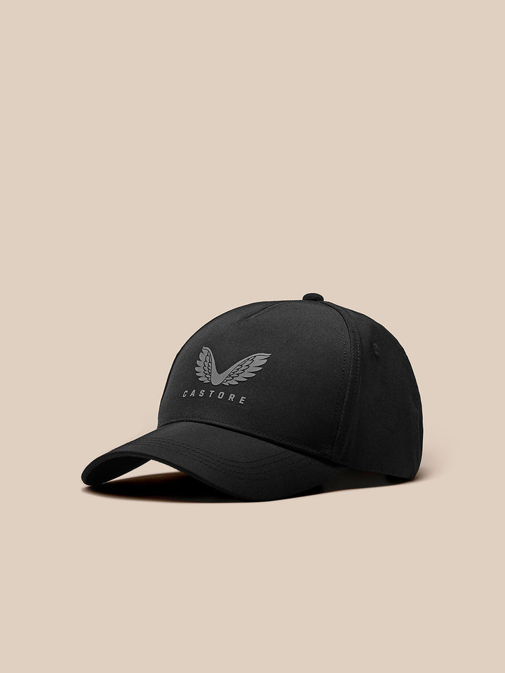 Front view of black nylon cap featuring Castore wing logo on the front and a curved brim.