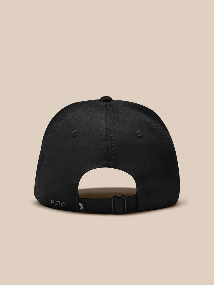 Back view of black nylon cap showing protek branding and an adjustable strap at the back.