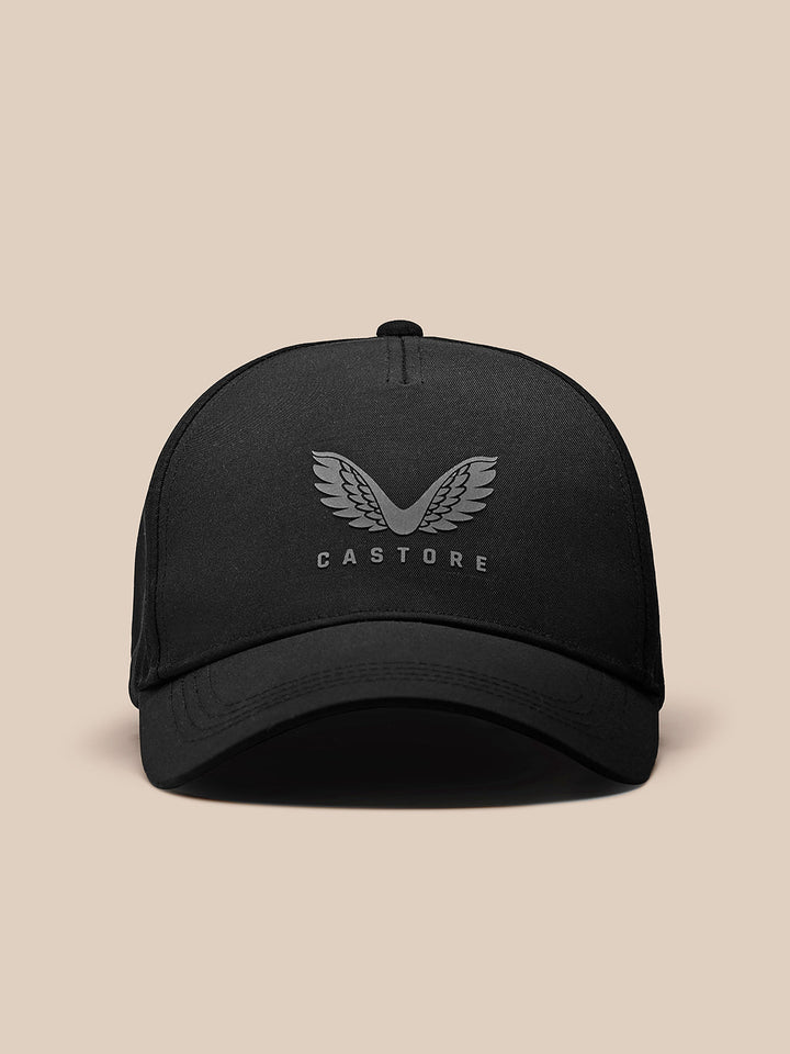 Black nylon cap with a gray Castore winged logo on the front
