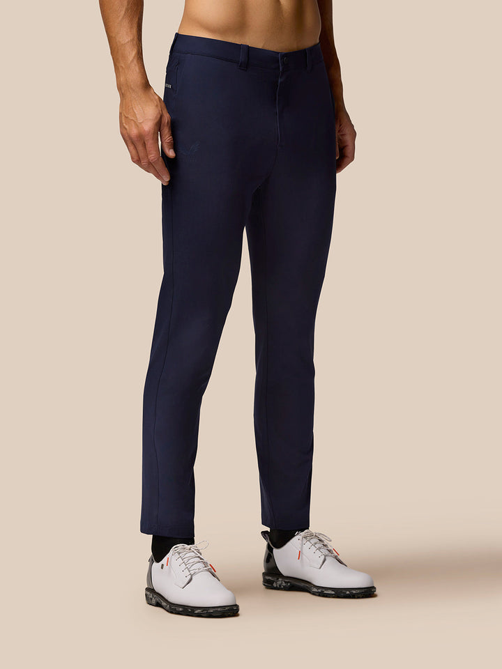 Midnight navy golf lightweight club trousers front view with belt loops and side pockets.