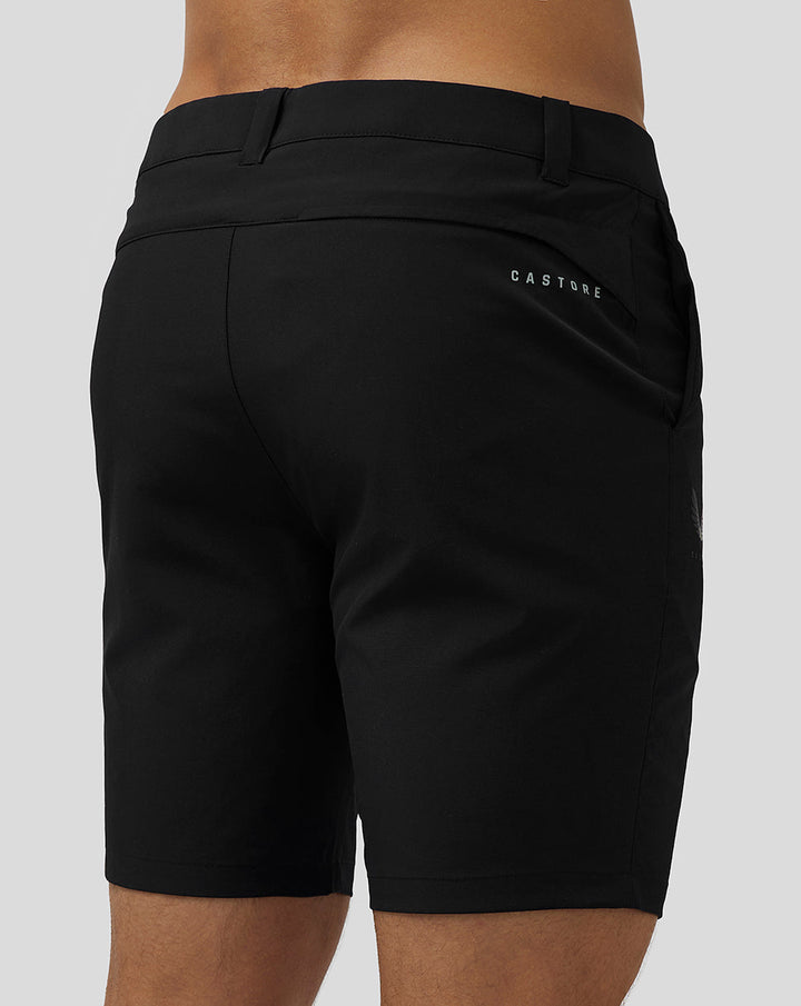 Back view of black golf shorts with welt back pocket and Castore branding.