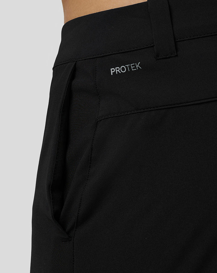 Back pocket area of black golf shorts withProtek branding and pocket detailing