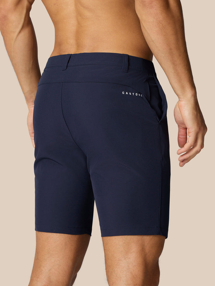 Navy Golf Club Shorts back view with Castore branding on the right thigh and ProTek branding on the left rear waistband.