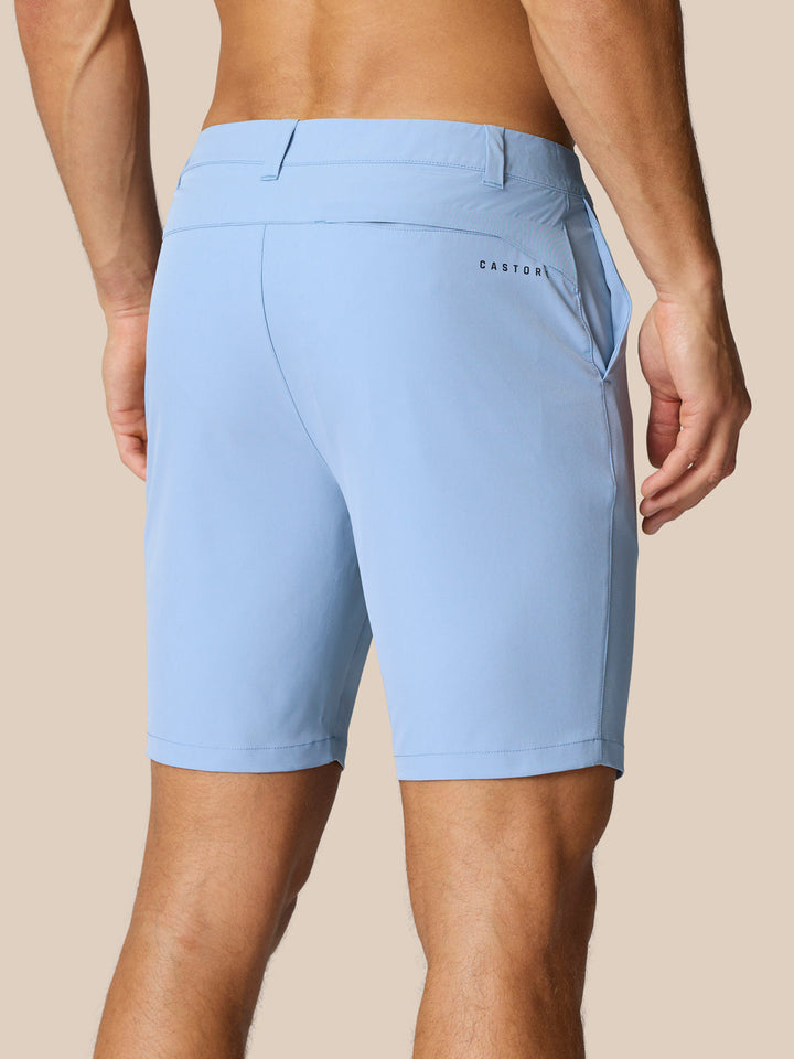 Back view of light blue Golf Shorts with Castore branding on the right rear pocket.