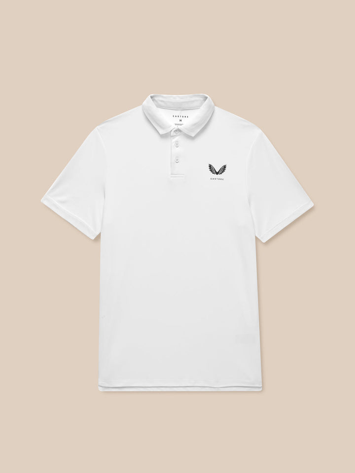 White Golf Club Essential Polo laid flat displaying Castore logo on left chest