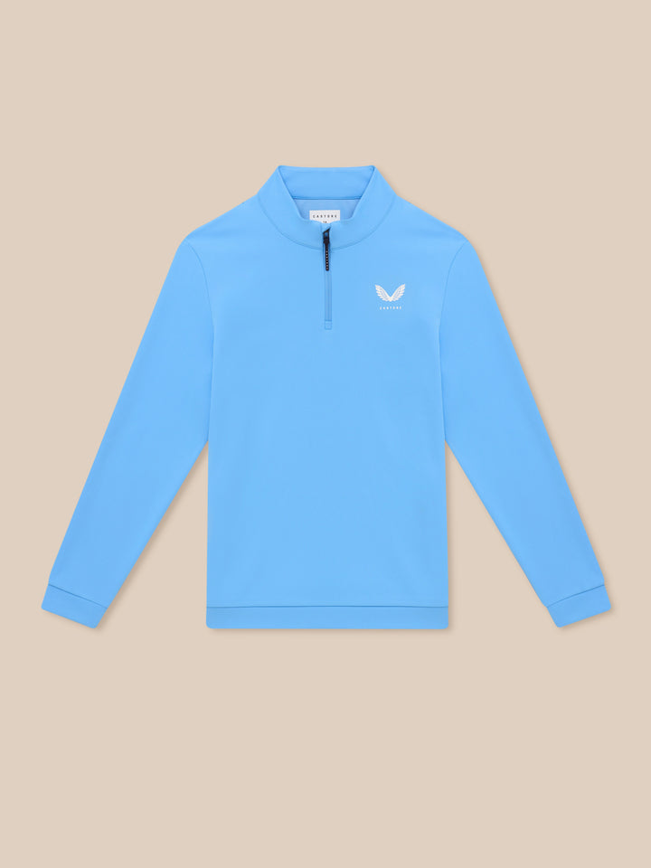 Close up of cool blue golf top highlighting center zip and left chest logo.