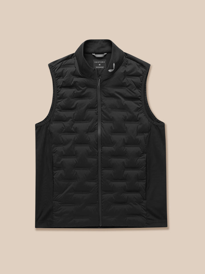 Model wearing black Pinnacle Gilet with front zip and stand collar over a magenta tee.