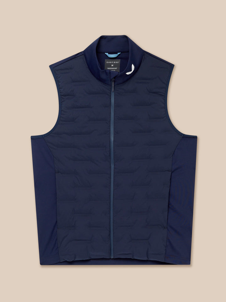 Back view of navy Pinnacle gilet showing Castore branding at the collar area