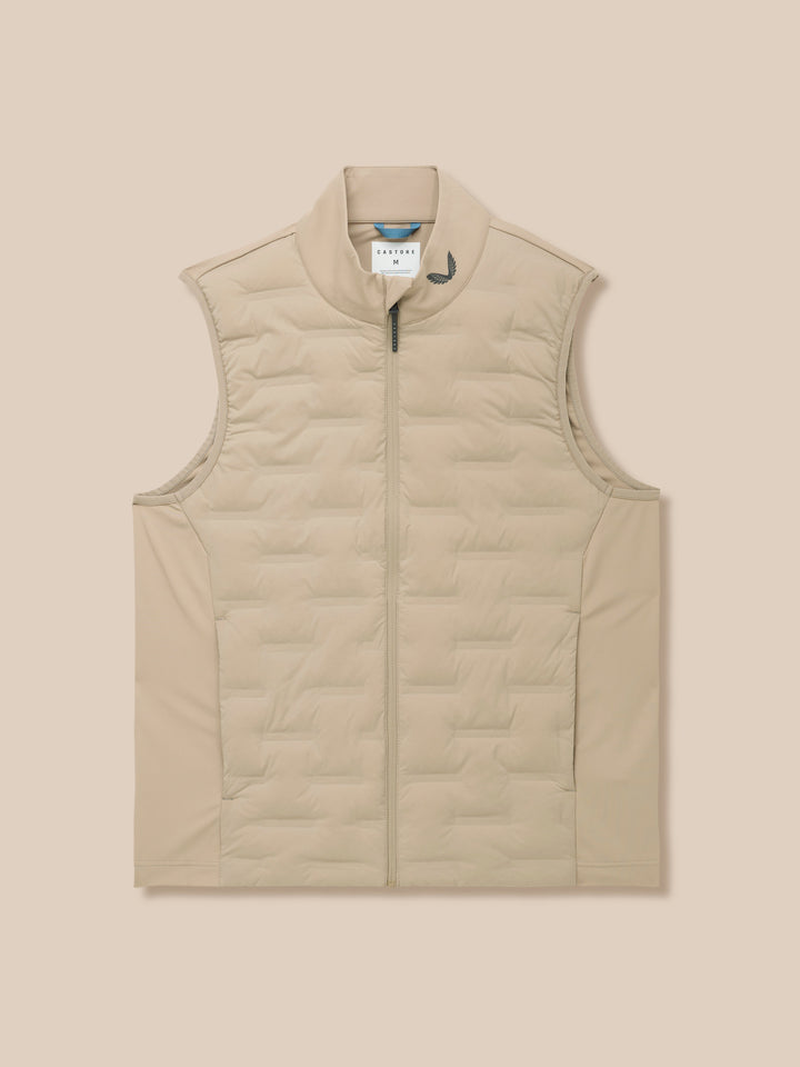 Beige lightweight golf gilet with funnel collar quilted front panel and front zip on a neutral background