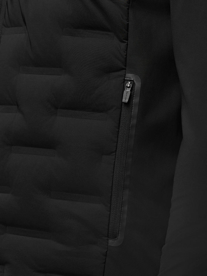Close up of the front zipper and zippered side pocket on the black Golf Pinnacle jacket