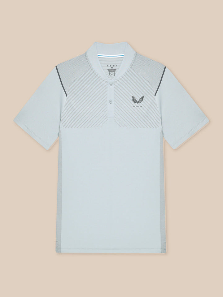 Front view of Castore Pinnacle Golf LVS Polo in light grey with diagonal stripe chest panel and logo