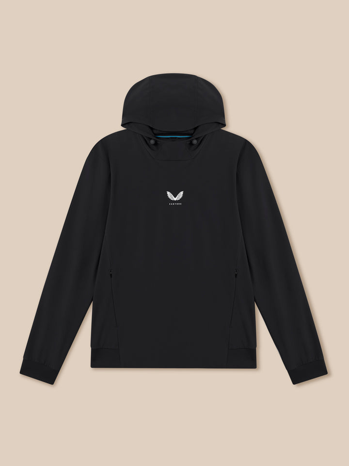 Front view of black Pinnacle Performance Hoodie with hood up and Castore logo centered on the chest