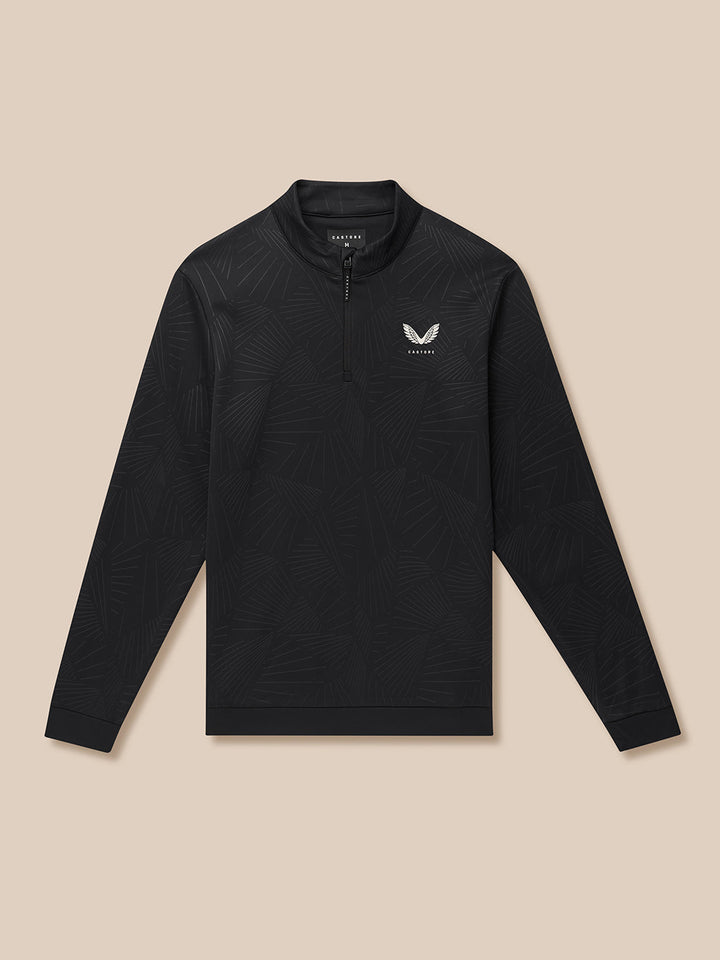 Front view of black golf top with all-over geometric print and Castore logo on chest