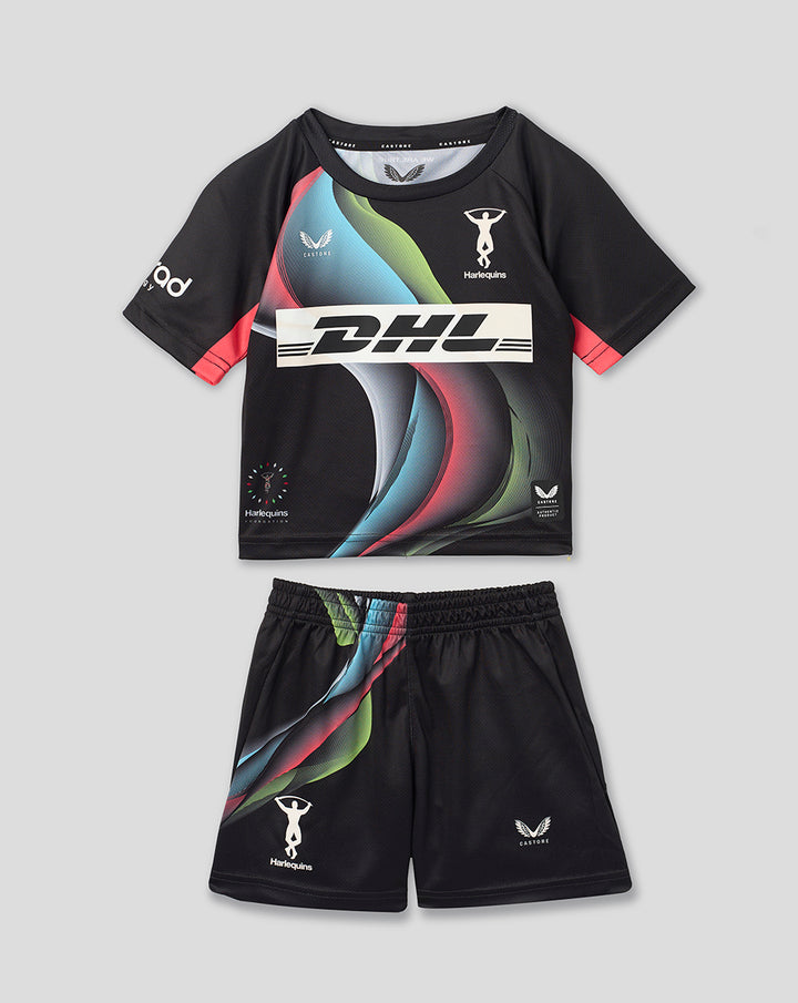 Harlequins Big Game 18 Infant Kit set with black shirt and shorts and flux inspired artwork