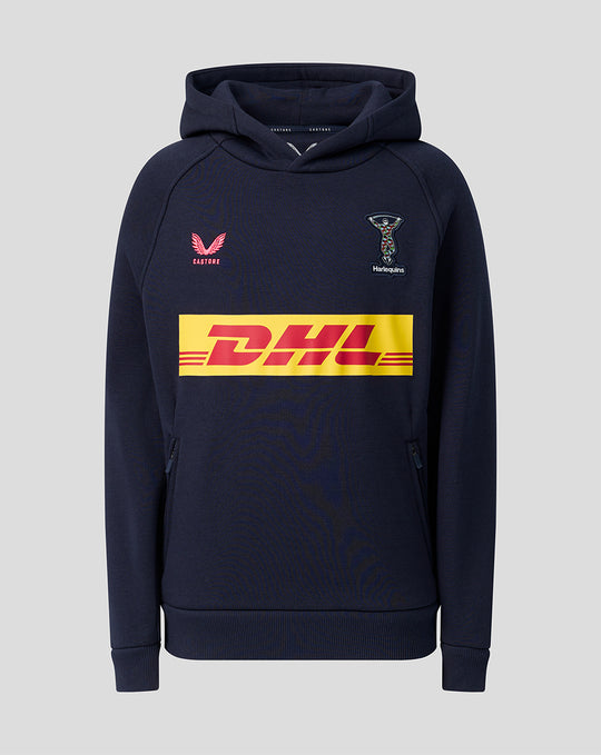 Front view of navy Harlequins junior travel hoodie with crest on chest and DHL sponsor banner across front