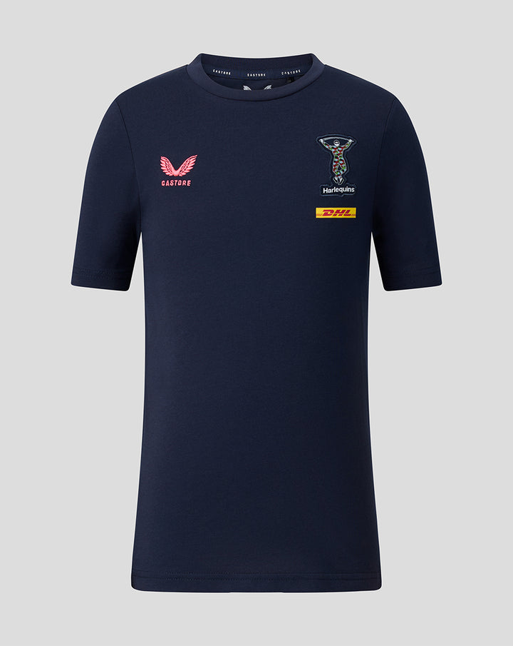 Front view of navy Harlequins junior travel T-shirt with DHL sponsor and Castore branding on the chest