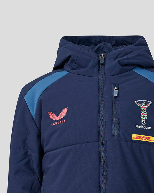 Front view of navy Harlequins junior training padded jacket showing crest, Castore logo and DHL sponsor on the chest.
