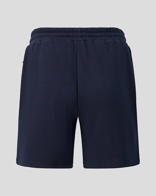 Back view of navy Harlequins Travel Shorts with a centered drawstring waist.