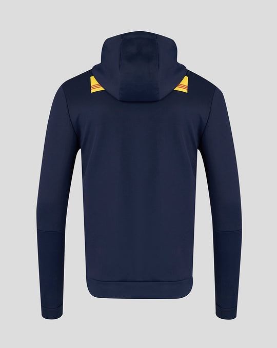 Rear view of a navy Harlequins travel full zip hoodie with yellow shoulder patches.
