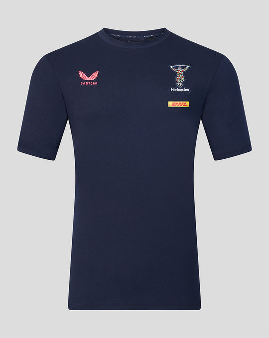 Navy Harlequins travel T-shirt front with crest on chest, Castore logo and DHL sponsor.