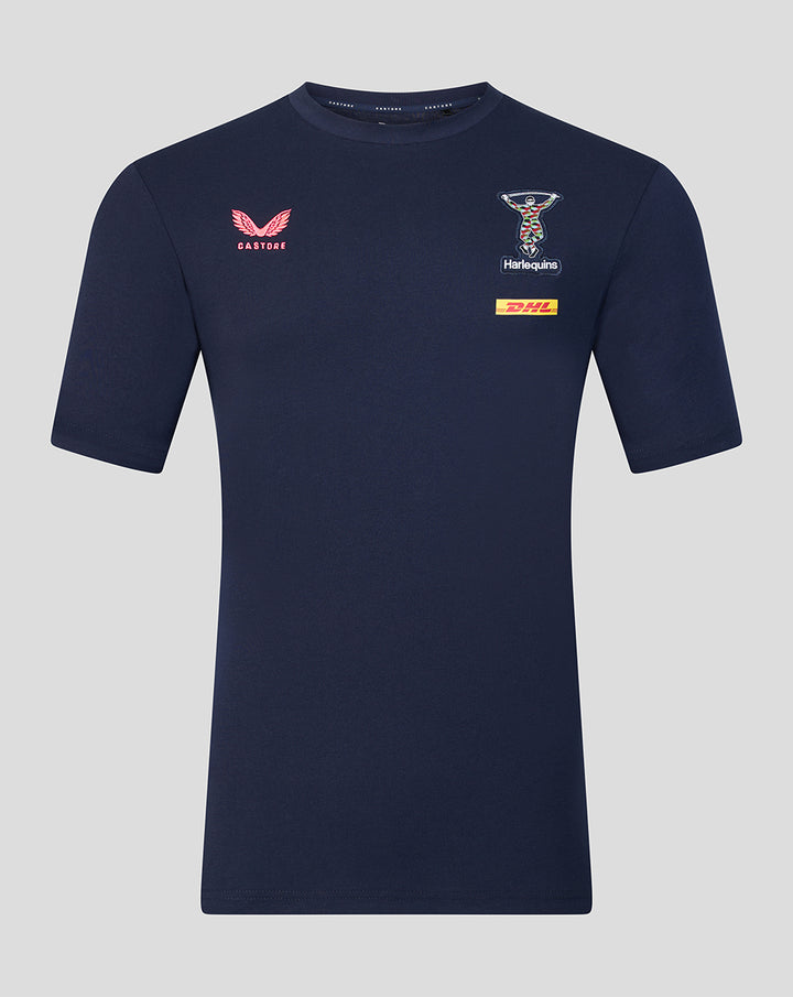 Navy Harlequins travel T-shirt front with crest on chest, Castore logo and DHL sponsor.