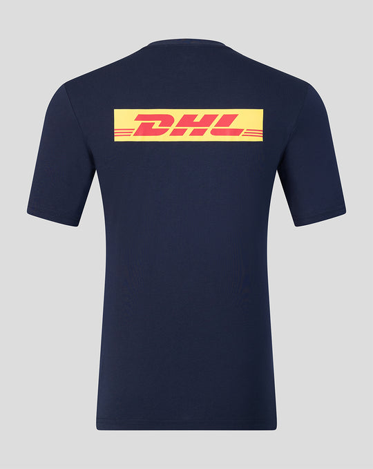 Back view of navy Harlequins travel T-shirt featuring a bold DHL logo across the upper back.