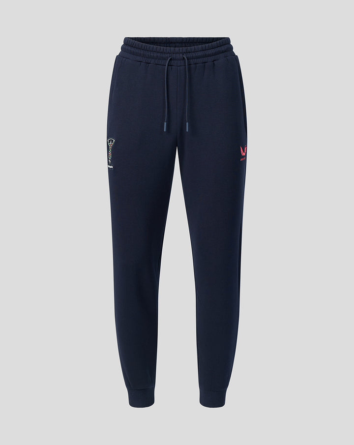 Navy Harlequins Travel Joggers front view with drawstring waist and crest on thigh