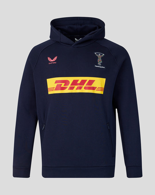 Navy Harlequins travel hoodie for men with crest on the chest and a large DHL logo across the front