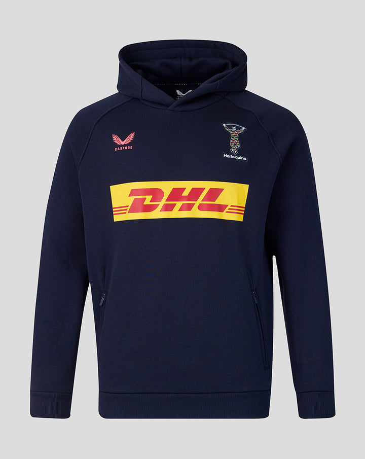 Navy Harlequins travel hoodie for men with crest on the chest and a large DHL logo across the front