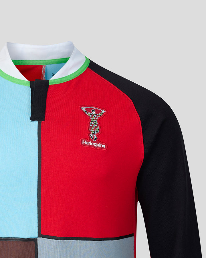 Harlequins 2026/27 home classic long sleeve shirt close up showing red and light blue quartered panels and crest