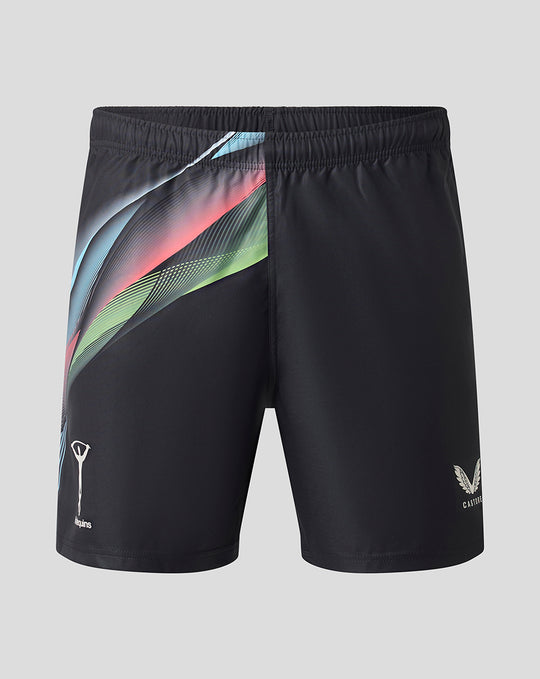 Front view of Harlequins Big Game 18 replica shorts in black with a multicolored diagonal panel and Harlequins crest