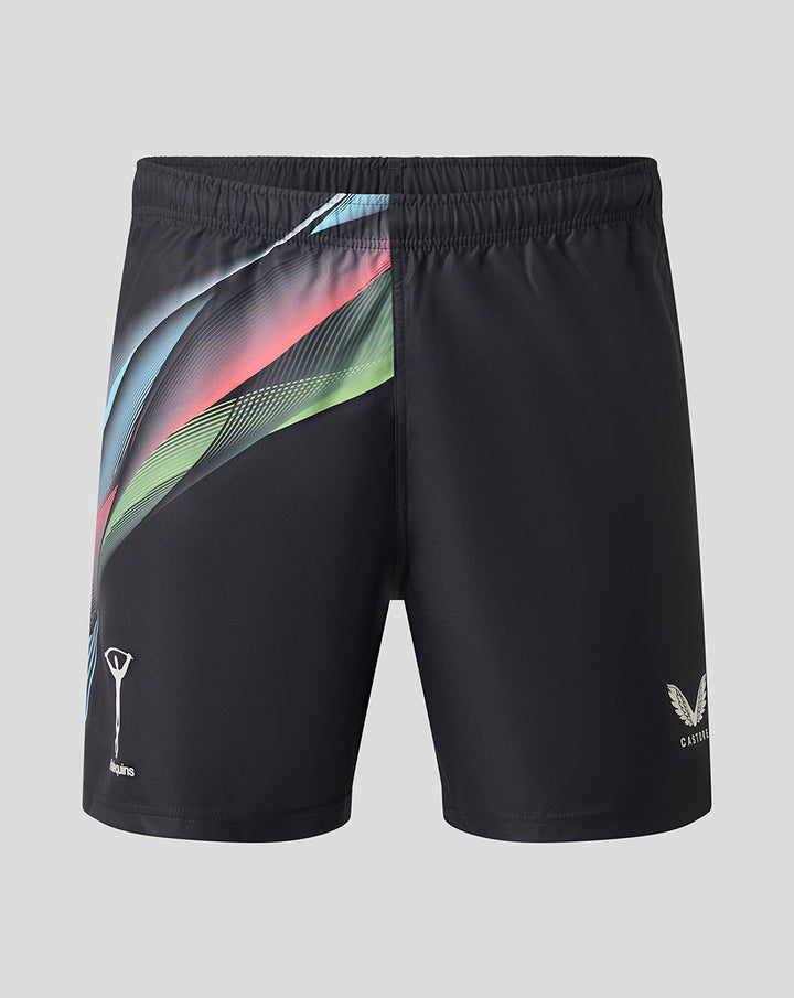 Front view of Harlequins Big Game 18 replica shorts in black with a multicolored diagonal panel and Harlequins crest