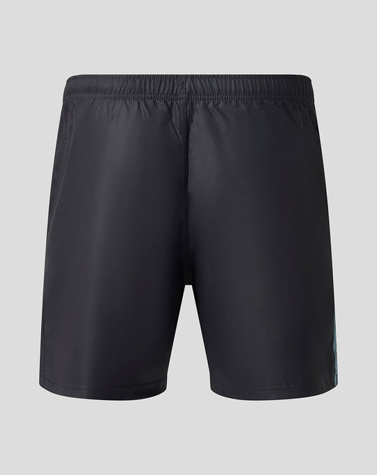 Back view of Harlequins Big Game 18 replica shorts in black with elastic waistband and subtle diagonal color detail along the left side