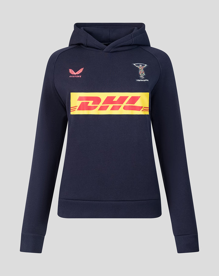 Front view of navy Harlequins travel hoodie with DHL sponsor stripe crest and Castore branding.