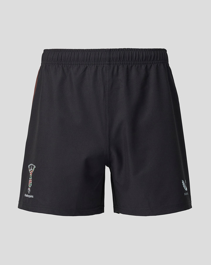 Back view of black Harlequins women's home pro shorts with logos at the hem