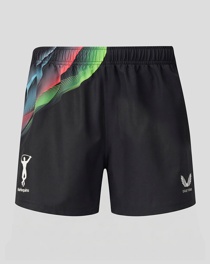 Black Harlequins Big Game 18 Pro Shorts with multicolored diagonal pattern at the left hip and Harlequins and Castore logos.
