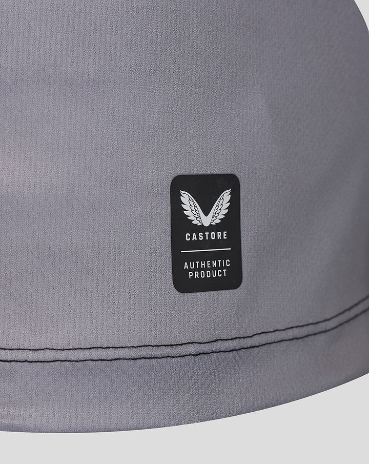 Grey fabric close-up with Castore Authentic Product badge on the Harlequins shirt.