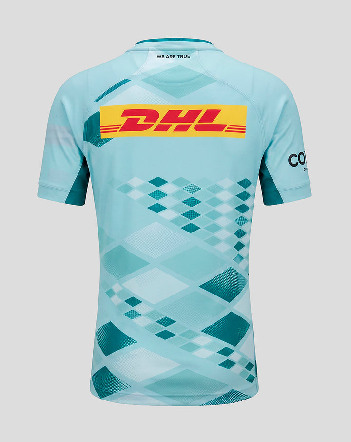 Back view of light aqua Harlequins away shirt with large DHL logo across the back and We Are True at the neckline