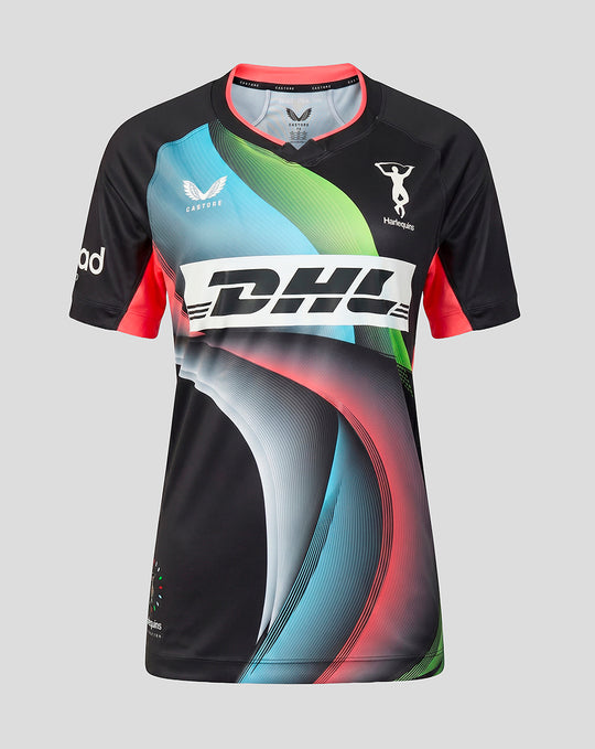 Front view of Harlequins 2026/27 Big Game 18 replica shirt with vibrant flux graphics and glow-in-the-dark detailing.