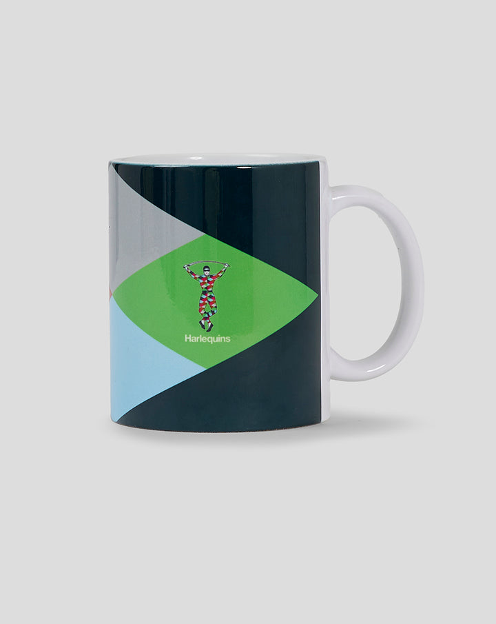 Harlequins crest mug featuring a geometric pattern in navy green and red with a small harlequin figure.