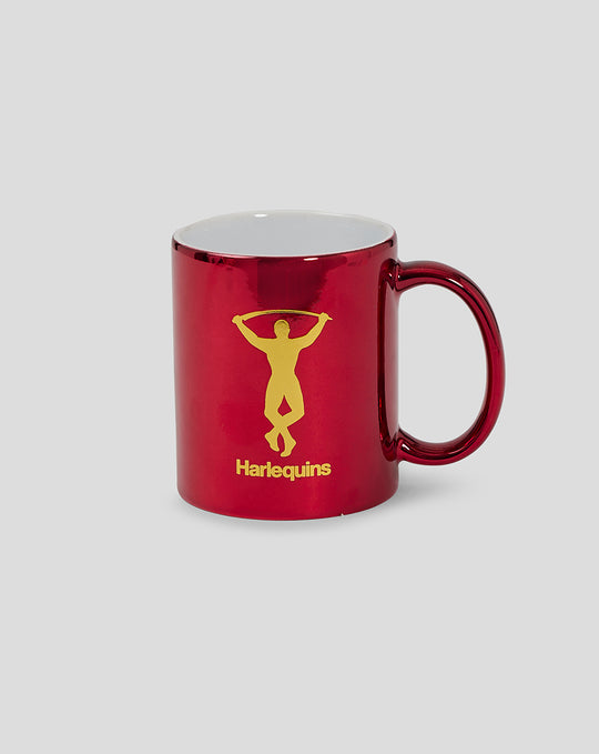 Red metallic mug with gold Harlequins logo.