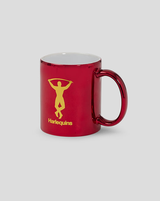 Red metallic Harlequins mug shown from the side with a curved handle and gold logo.